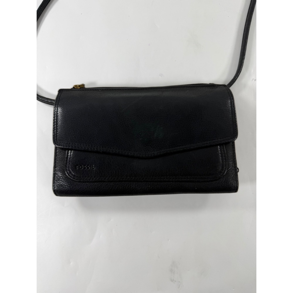 Fossil Black Leather Crossbody Wallet Bag Phone Pocket Organizer Purse